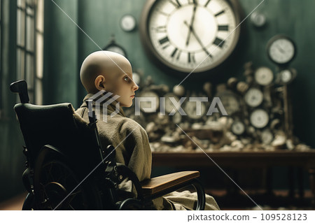 A sick child sitting on wheelchair looking at a clock. World Cancer Day Concept. Generative Ai. A sick child sitting on wheelchair looking at a clock. World Cancer Day Concept. Generative Ai. 109528123