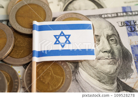 Israel flag on coin and banknote money, finance trading investment business currency concept. 109528278