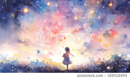 Girl looking at the colorful starry sky AI generated image 109528959