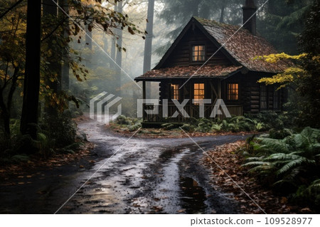 AI-generated content. Cozy self contained house in the summer forest. Generative AI 109528977