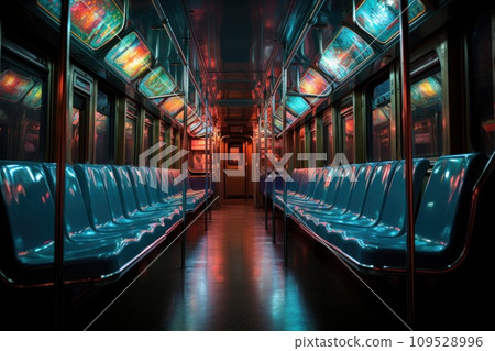 AI-generated content. Empty seats on the subway cinematic lighting, white neon. Generative AI 109528996