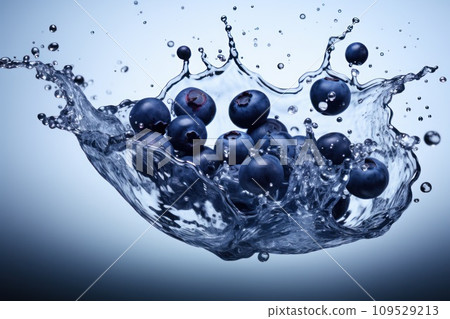 AI-generated content. Splash effect of blueberry, high speed photography, on plain white background. Generative AI 109529213