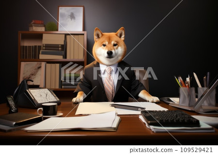 AI-generated content. Shiba like a boss sitting behind a desk in style of Anthropomorphic animals. Generative AI AI-generated content. Shiba like a boss sitting behind a desk in style of Anthropomorphic animals. Generative AI 109529421