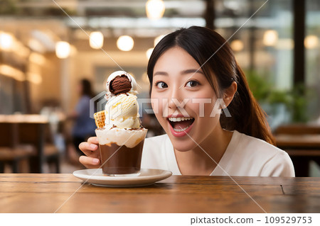 Young woman happy with sweets at a cafe (AI generated image) 109529753