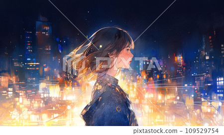 AI-generated image of a woman looking at illuminations in the city AI-generated image of a woman looking at illuminations in the city 109529754