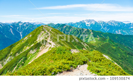 Climbing Mt. Jjigatake in summer (view towards Mt. Harinoki and Mt. Tateyama from the middle peak of Mt. Jjigatake) 109530874