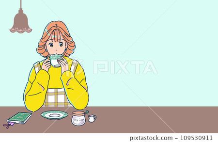 在復古咖啡店喝咖啡的女孩 109530911