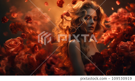 Elegant Young Woman in a Lush Garden of Red Roses - Realistic Cinematic Photography 109530919
