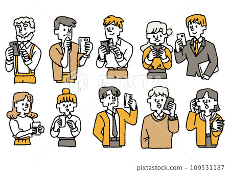 A set of people of various ages holding smartphones. Comical hand-drawn people. Vector, color line drawing. 109531187