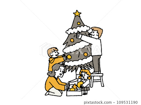 A family decorating a tree. People enjoying a Christmas home party and spending time with family. 109531190