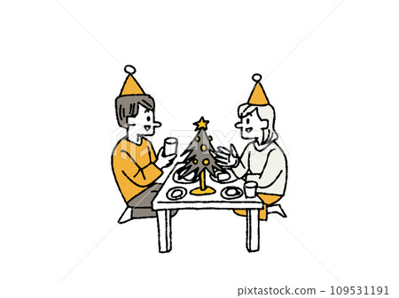 Couple enjoying a meal with a tree. People enjoying a Christmas home party and time with family. Couple enjoying a meal with a tree. People enjoying a Christmas home party and time with family. 109531191