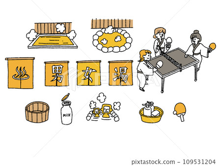 Illustration set of accessories and people for public baths, spas, and baths. Comical hand-drawn people. Vector, color line drawing. 109531204