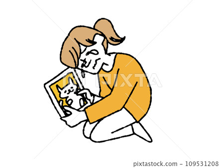 A woman sheds tears after looking at a photo of her deceased pet. People close and dear to her, people who lost their pets. A woman sheds tears after looking at a photo of her deceased pet. People close and dear to her, people who lost their pets. 109531208