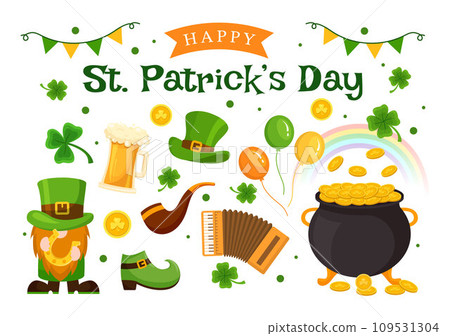 Happy St Patrick's Day Vector Illustration on 17 March with Golden Coins, Green Hat, Beer Pub and Shamrock in Flat Cartoon Background Design 109531304