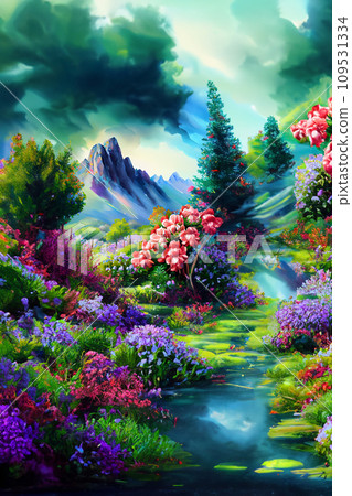 高山花園和山峰插圖 高山花園和山峰插圖 109531334