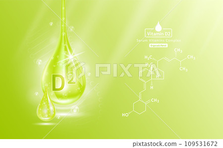 Serum vitamin D2 liquid gel drop and structure. Collagen complex with chemical formula from nature skin care vitamins. Medical scientific concept. On green background 3D realistic vector EPS10. Serum vitamin D2 liquid gel drop and structure. Collagen complex with chemical formula from nature skin care vitamins. Medical scientific concept. On green background 3D realistic vector EPS10. 109531672