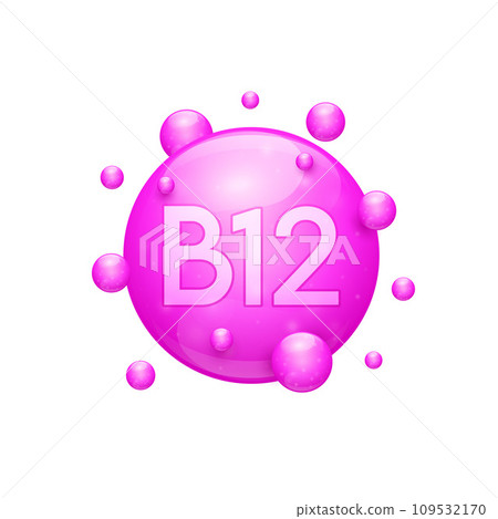 Vitamin B12 capsules pink nutrients minerals that are essential the body. Vitamins complex for skin care cosmetics dietary supplement design. Medical concepts. Icon 3D on white background. Vector. 109532170