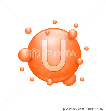 Vitamin U capsules orange nutrients minerals that are essential the body. Vitamins complex for skin care cosmetics dietary supplement design. Medical concepts. Icon 3D on white background. Vector. 109532187