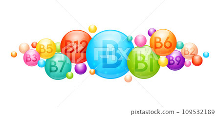 Vitamin B complex capsules nutrients minerals that are essential the body. Vitamin for skin care cosmetics dietary supplement design. Medical concepts. Icon 3D on white background. Vector. 109532189
