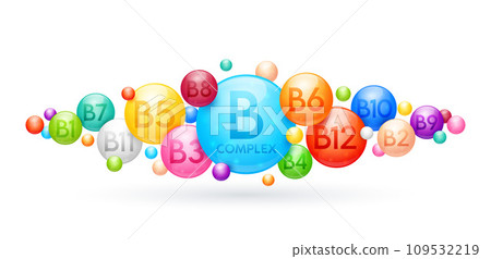 Vitamin B complex capsules nutrients minerals that are essential the body. Vitamin for skin care cosmetics dietary supplement design. Medical concepts. Icon 3D on white background. Vector. 109532219