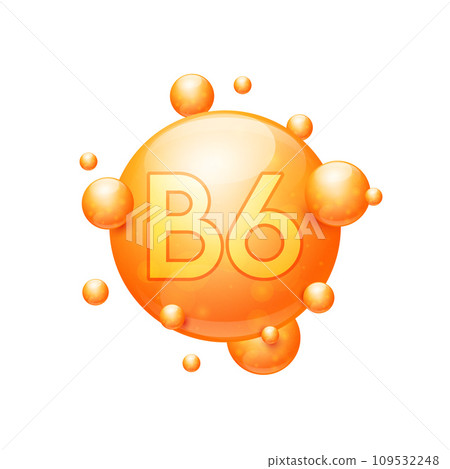 Vitamin B6 capsules orange nutrients minerals that are essential the body. Vitamins complex for skin care cosmetics dietary supplement design. Medical concepts. Icon 3D on white background. Vector. 109532248