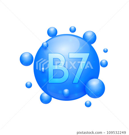 Vitamin B7 capsules blue nutrients minerals that are essential the body. Vitamins complex for skin care cosmetics dietary supplement design. Medical concepts. Icon 3D on white background. Vector. 109532249