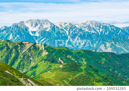 Climbing Mt. Jigatake in summer (view of Mt. Tateyama and Mt. Tsurugidake from the middle peak of Mt. Jigatake) Climbing Mt. Jigatake in summer (view of Mt. Tateyama and Mt. Tsurugidake from the middle peak of Mt. Jigatake) 109532265
