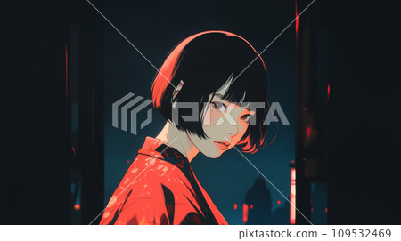 Illustration of a cool woman looking back at the city at night - AI-generated image Illustration of a cool woman looking back at the city at night - AI-generated image 109532469