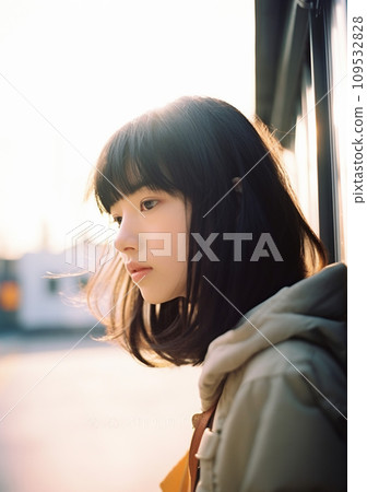 Profile of a young woman looking into the distance AI-generated image Profile of a young woman looking into the distance AI-generated image 109532828