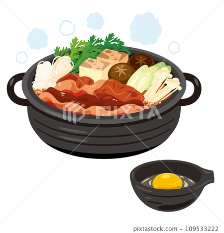 一盤裝有壽喜燒鍋和生雞蛋的盤子 一盤裝有壽喜燒鍋和生雞蛋的盤子 109533222