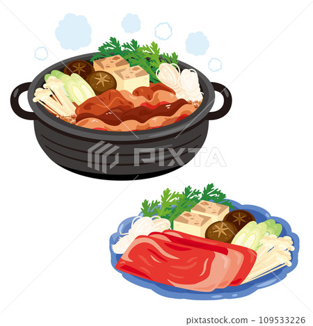 壽喜燒鍋和盤子上的配料 壽喜燒鍋和盤子上的配料 109533226