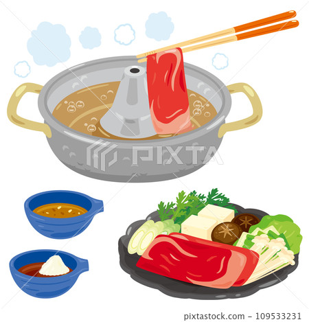 Shabu-shabu hotpot, ingredients on a plate, and a serving plate 109533231