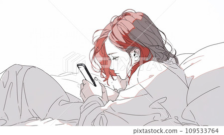 Woman looking at smartphone in bed AI generated image Woman looking at smartphone in bed AI generated image 109533764