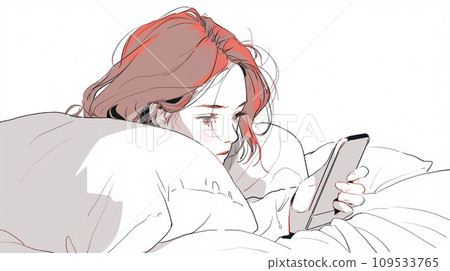 Woman looking at smartphone in bed AI generated image Woman looking at smartphone in bed AI generated image 109533765