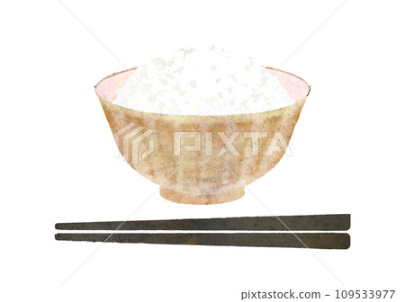 碗裡的米飯和筷子的水彩插圖,沒有蒸汽 碗裡的米飯和筷子的水彩插圖,沒有蒸汽 109533977