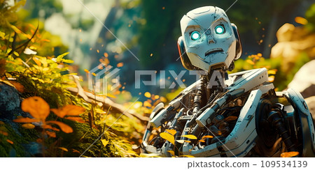 the role of robots in environmental sustainability, showing the symbiotic relationship between humans and technology in preserving the planet. 109534139