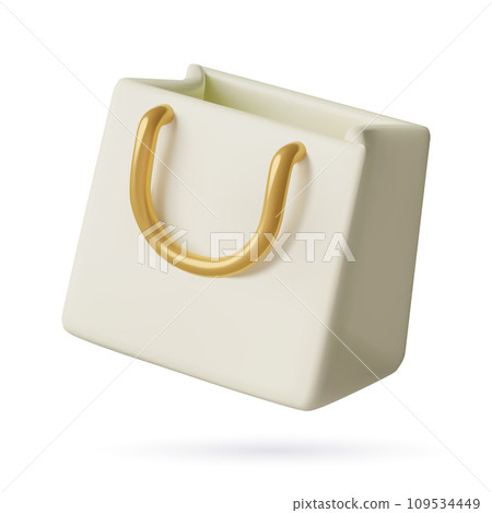 3D render of shopping bag icon Glossy plastic minimal toy white shopper with luxury golden handles 3D render of shopping bag icon Glossy plastic minimal toy white shopper with luxury golden handles 109534449