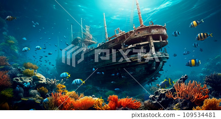 Investigation of an underwater shipwreck. A stunning view of a sunken ship surrounded by schools of tropical fish. 109534481