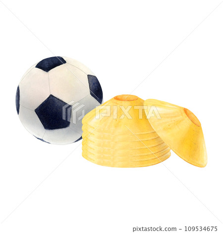 Soccer football ball and cones watercolor drawing. Yellow law barrier pile pentagon picture isolated on white background. Sport gear for training and stadium tournament. Leather equipment aquarelle 109534675