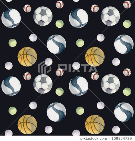 Hand drawn watercolor team sports gear equipment, balls mix, training, health fitness lifestyle. Illustration isolated seamless pattern on dark background. Design poster, print, website, card, shop Hand drawn watercolor team sports gear equipment, balls mix, training, health fitness lifestyle. Illustration isolated seamless pattern on dark background. Design poster, print, website, card, shop 109534729