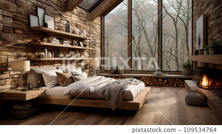 bedroom with clean lines, natural materials, and soft, neutral tones. 109534764