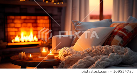cozy winter celebration with a fireplace, warm blankets, and candles casting a soft, sparkling glow. cozy winter celebration with a fireplace, warm blankets, and candles casting a soft, sparkling glow. 109534783
