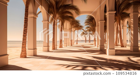 abstract architectural shadows of palm trees, conveying a tropical atmosphere and play of shadows. abstract architectural shadows of palm trees, conveying a tropical atmosphere and play of shadows. 109534816
