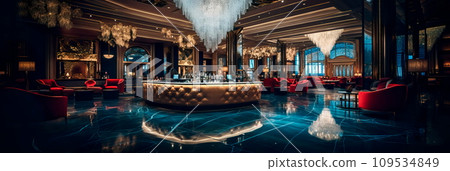 sophisticated and classy casino lobby with glitzy chandeliers, velvet seating, and a glamorous ambiance. 109534849