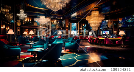 sophisticated and classy casino lobby with glitzy chandeliers, velvet seating, and a glamorous ambiance. 109534851