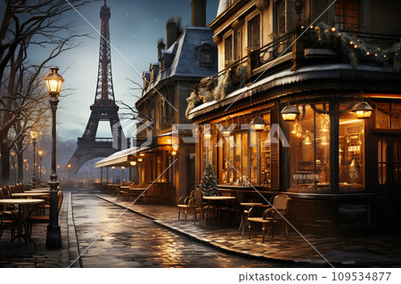 Winter cityscape snow covered streets of Paris lined with historical buildings adorned with festive lights and decorations 109534877