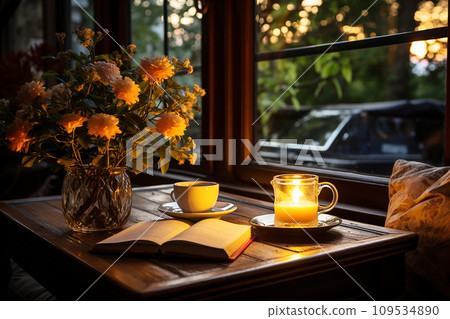 Quiet coffee corner adorned with flowers and a book 109534890