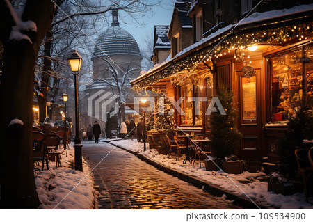 Winter cityscape snow covered streets of Paris lined with historical buildings adorned with festive lights and decorations 109534900
