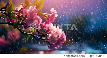 beauty of a gentle spring rain shower, with raindrops glistening on colorful petals and leaves. 109535055