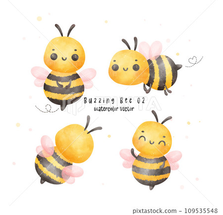 Set of Cute baby honey bee watercolor cartoon character hand painting illustration vector. 109535548